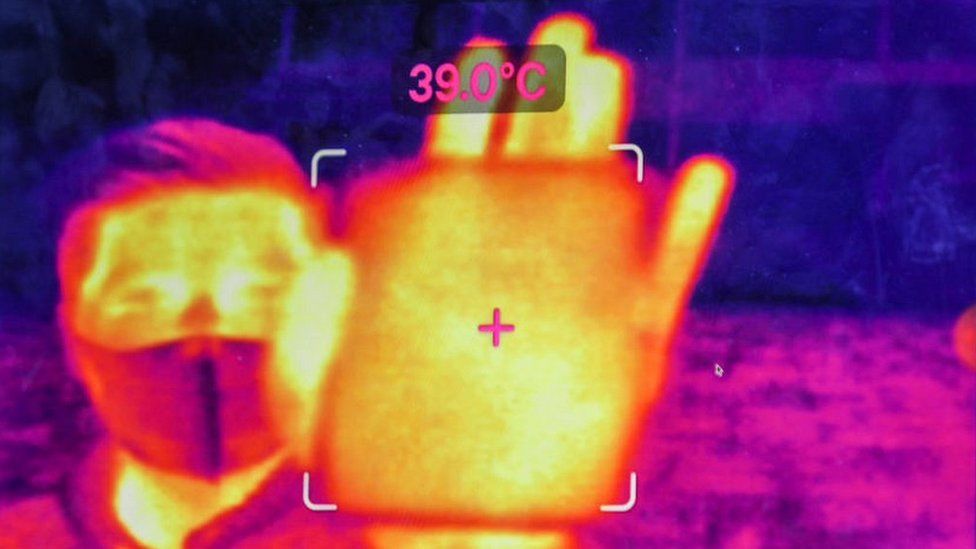 A thermal image showing a person's temperature measured by an augmented reality (AR) headset, in Hangzhou, China.