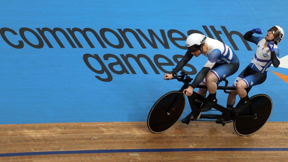 Cyclists compete at the 2022 Commonwealth games at the Queen Elizabeth Olympic Park velodrome in London