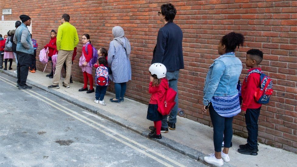 pupils queueing to return to school