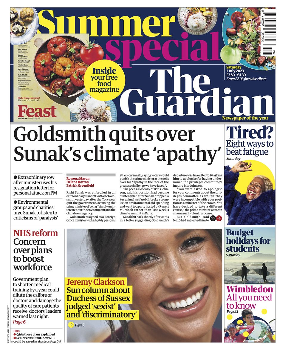 The headline in The Guardian reads: "Goldsmith quits over Sunak's climate 'apathy'