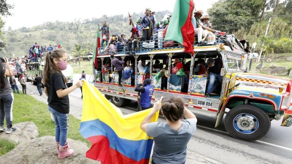 Indigenous people from Cauca region arrive in a buses caravan with the intention of speaking with Colombian President, Ivan Duque, in Soacha, Colombia, 18 October 2020
