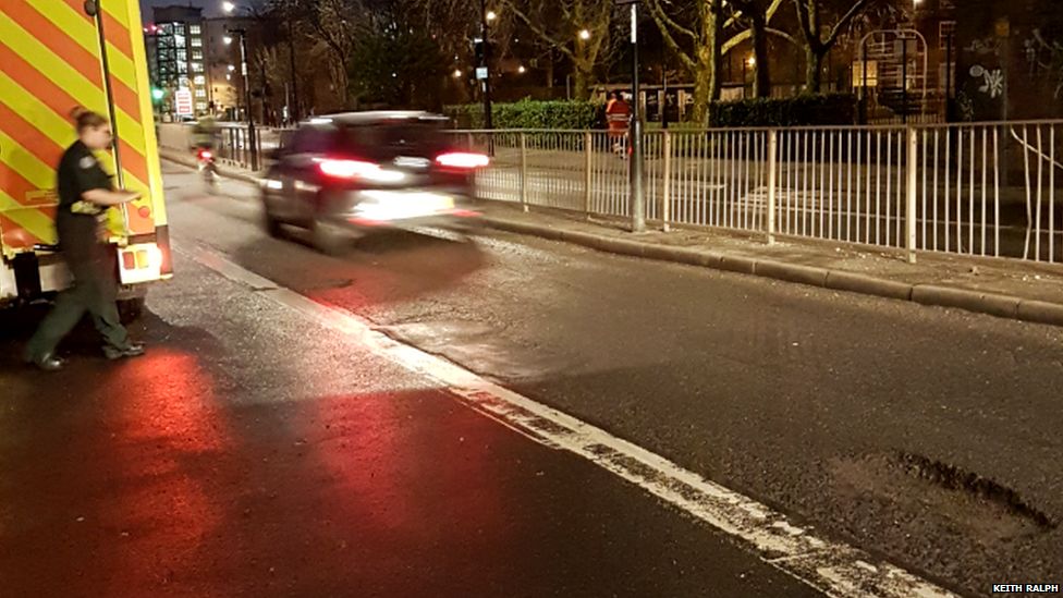 Image of pot hole on the road where Keith Ralph was flung off his bike