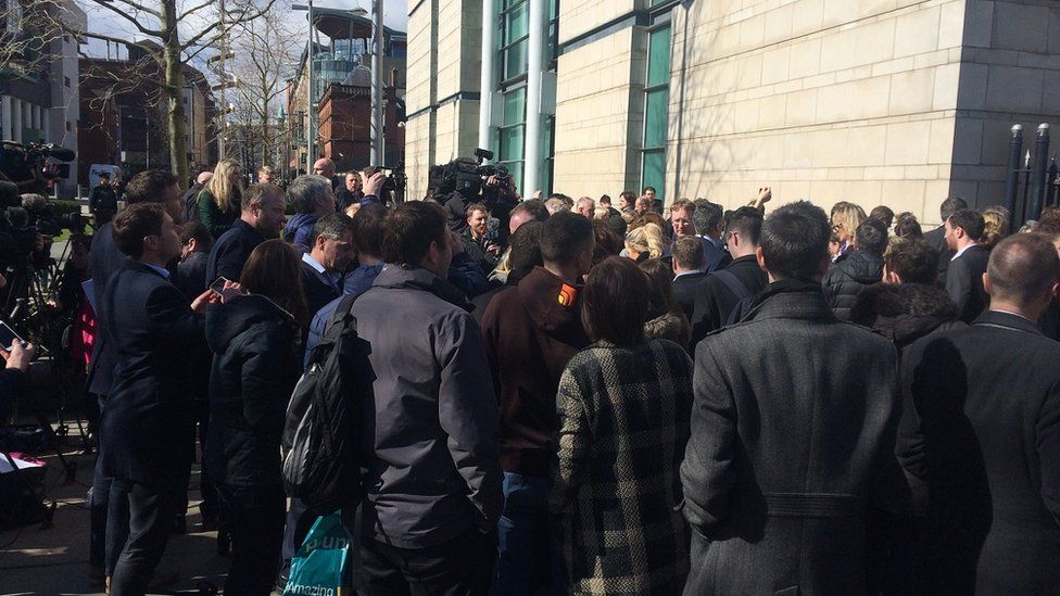 Crowd gathered outside Laganside courthouse after the rugby rape trial verdicts