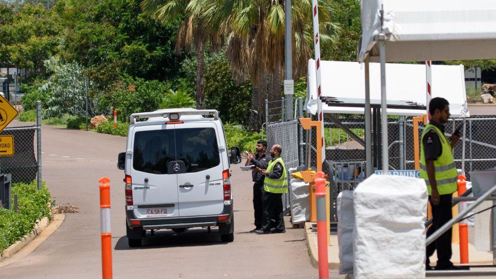 Quarantine site workers check a van entering the Howard Springs facility in October 2020