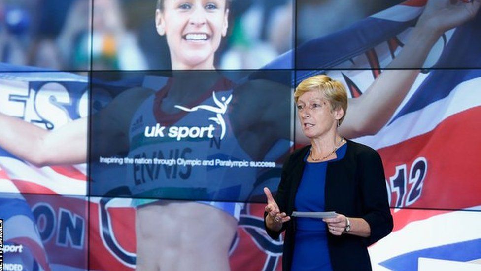 Liz Nicholl standing in front of an audience in her role as chief executive of UK Sport.