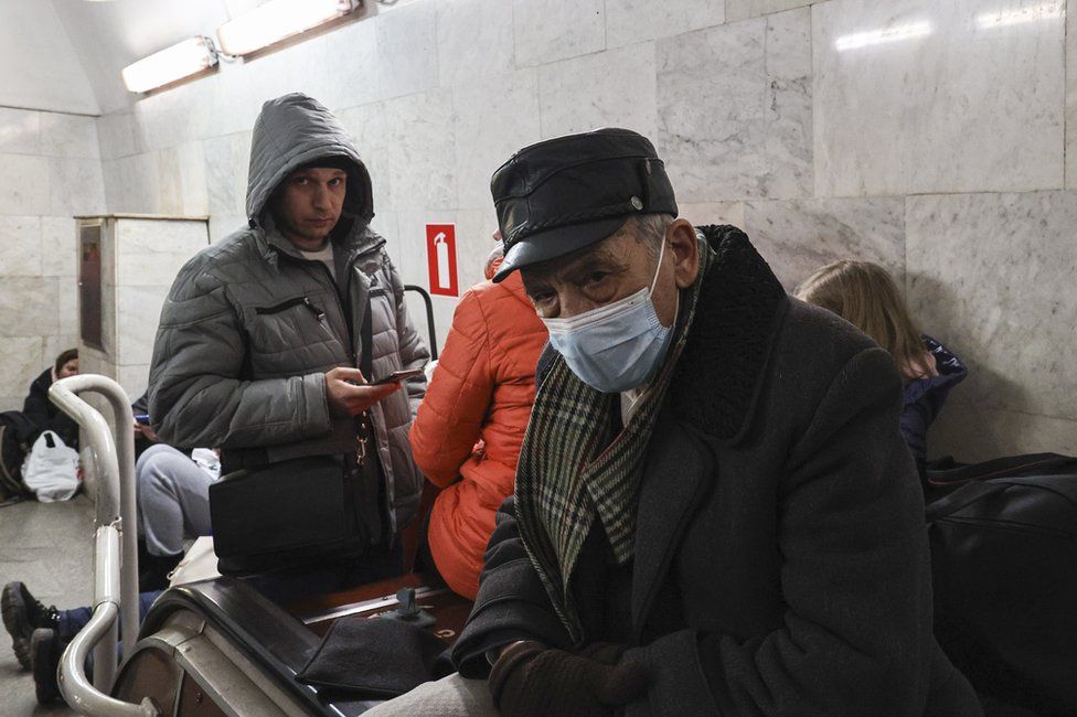 Ukrainian people shelter in Pushkinskaya underground station in Kharkiv, Ukraine, 24 February 2022.