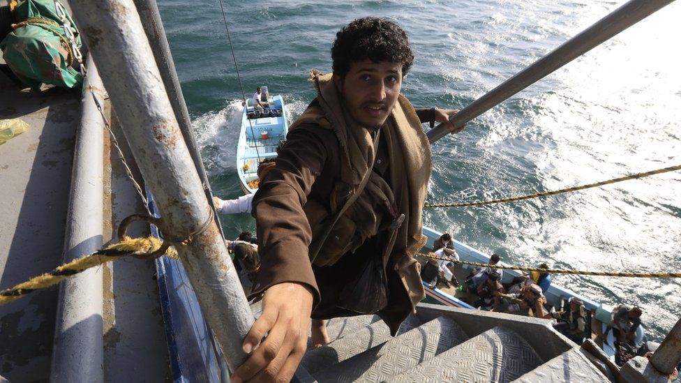 A man comes aboard the Galaxy Leader cargo ship, seized by the Houthis offshore of the Al-Salif port on the Red Sea in the province of Hodeidah, Yemen, 05 December 2023.