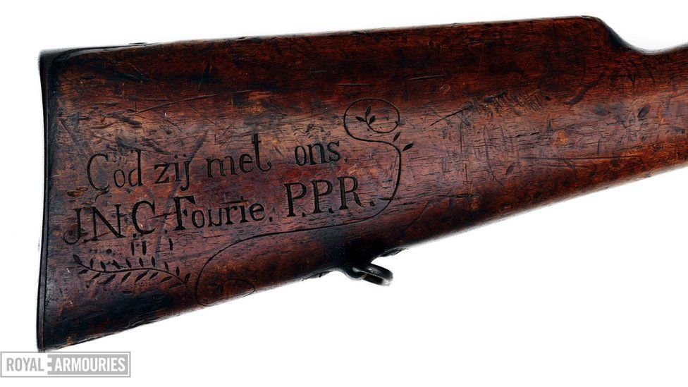 Rifle stock displaying the initials, JNC Fourie