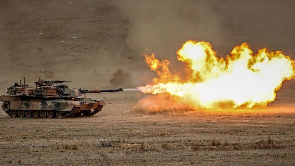An Abrams main battle tank fires during Exercise Chong Ju at the Puckapunyal Military Area on May 09, 2019 in Seymour, Australia