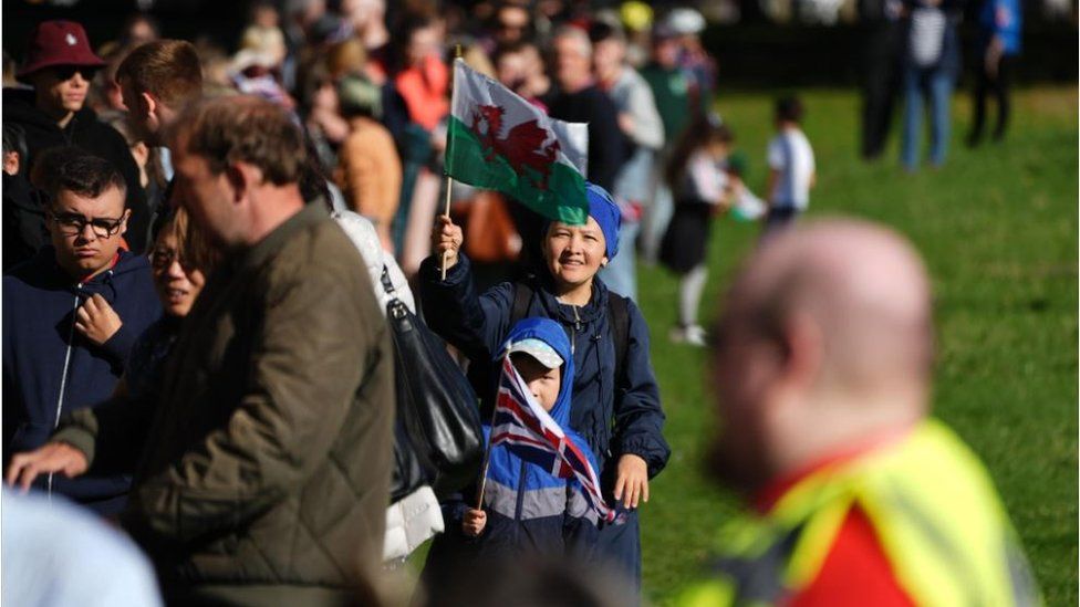 Queues of people waiting for the kind outside Cardiff Castle, with one child waving a Welsh flag