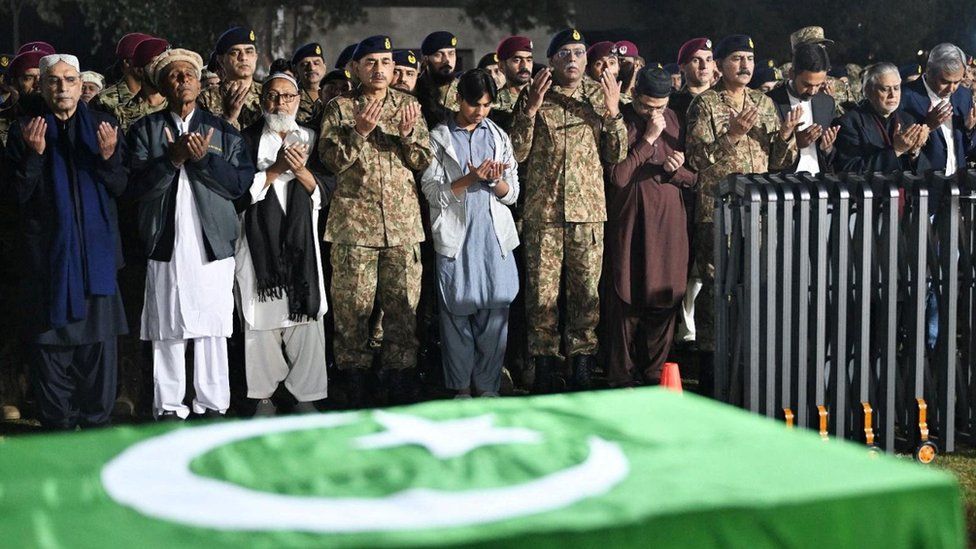 President of Pakistan Asif Ali Zardari, Chief of Army Staff (COAS) of Pakistan Asim Munir, and General Sahir Shamshad Mirza, Chairman Joint Chiefs of Staff Committee (JCSC), along with others attend the funeral of Lieutenant Colonel Syed Kashif Ali, 39 and Captain Muhammad Ahmed Badar, 23, after according to the military,