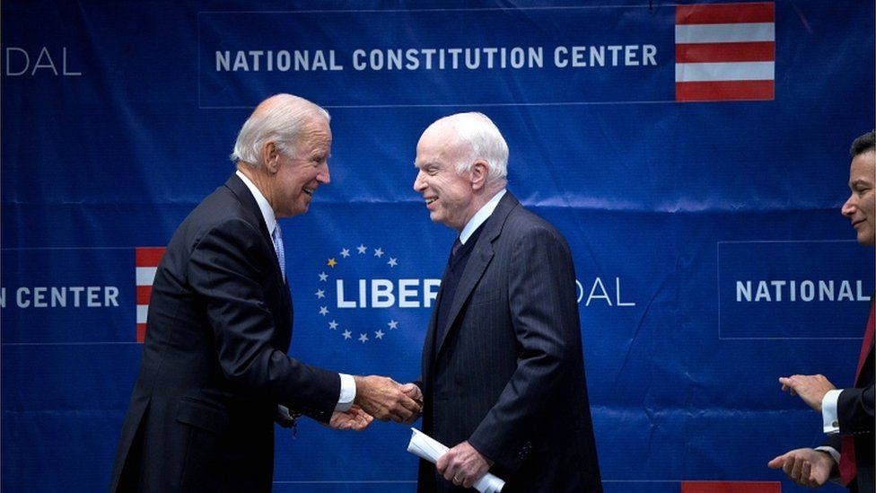 Former US Vice-President Joe Biden awards US Senator John McCain the 2017 Liberty Medal in Philadelphia, USA, in October 2017