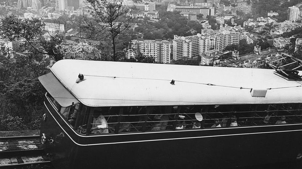 A tram on its way to Victoria Peak, Hong Kong, around 1960