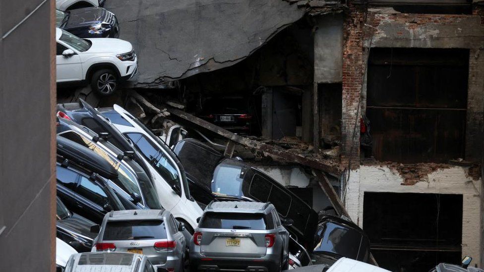 The collapsed garage