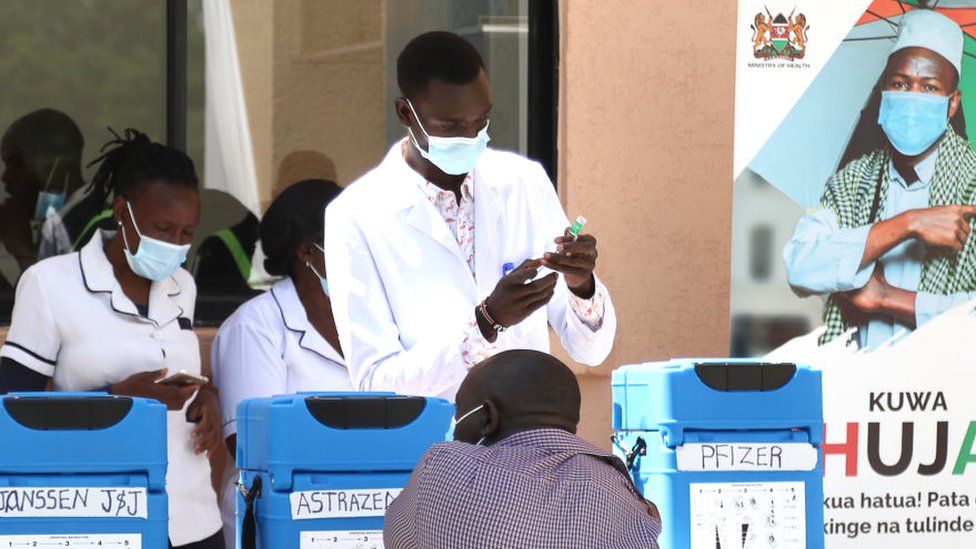 A medical officer is seen preparing to administer a covid-19 vaccine jab to a man at The Nakuru County Referral and Teaching Hospital. In May 2022