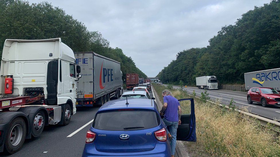 Traffic queuing on A14 in Suffolk