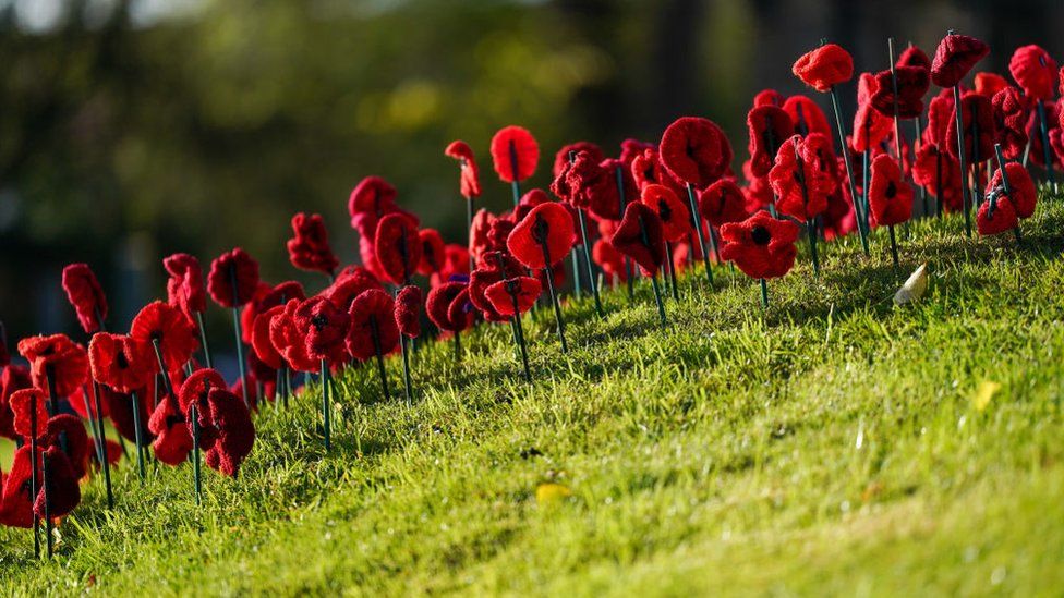 Knitted poppies are arranged around the war memorial outside the Christ church in Great Ayton