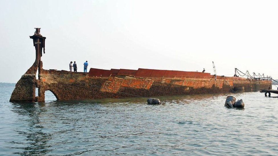 The wreck of the SS Sagaing after it was floated by Sri Lanka's navy