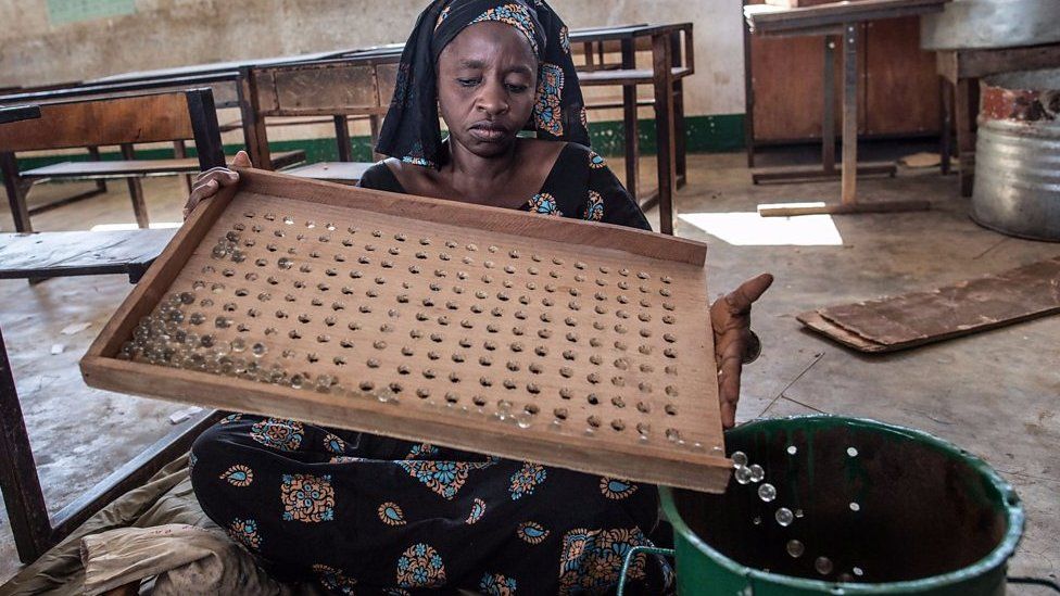 A polling official counts marbles that will be used by voters at a polling station in the Tallinding district of Serekunda ofn 30 November 2016 on the eve of Gambia's presidential election