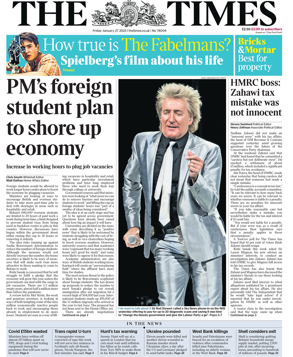 The Times front page 27 January 2023