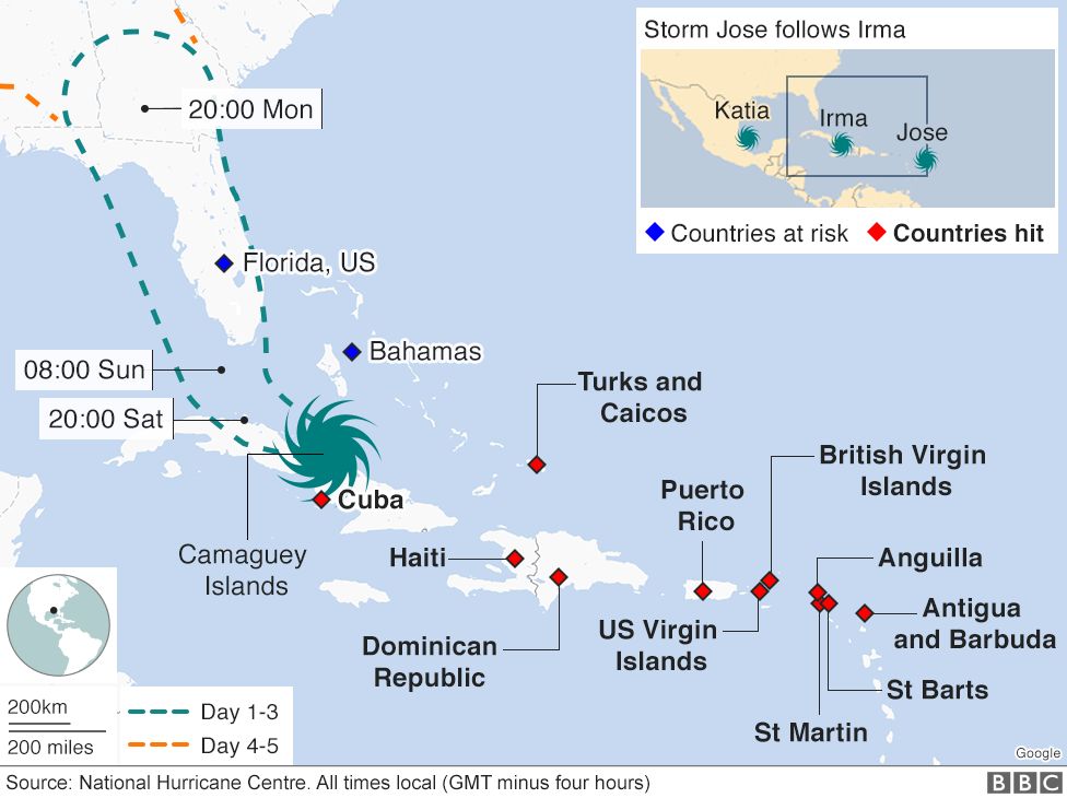 Map showing where Irma has hit and where is at risk