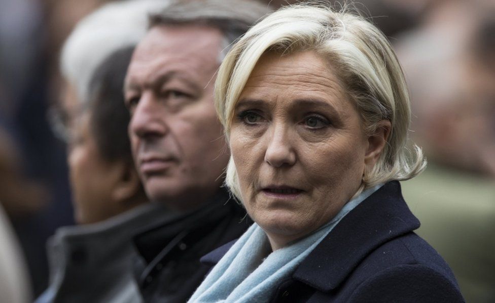 Marine Le Pen attends a ceremony for slain police officer Xavier Jugele, at the Paris police headquarters on 25 April, 2017.