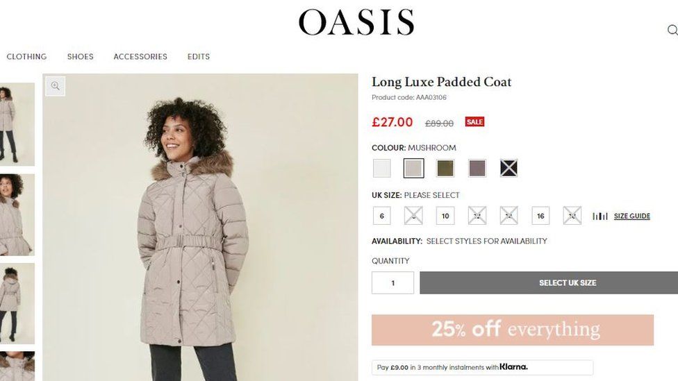Coat for sale on Oasis website