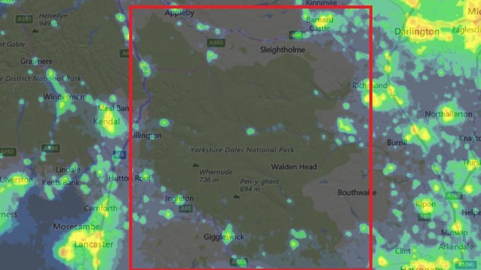 Map showing Yorkshire Dales and how little light pollution there is
