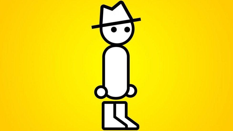 A cartoon character made up of simple white shapes with a bold black outline and two dots for eyes. His head has a white trilby hat on top. He's against a yellow sunburst background, his posture is very straight.