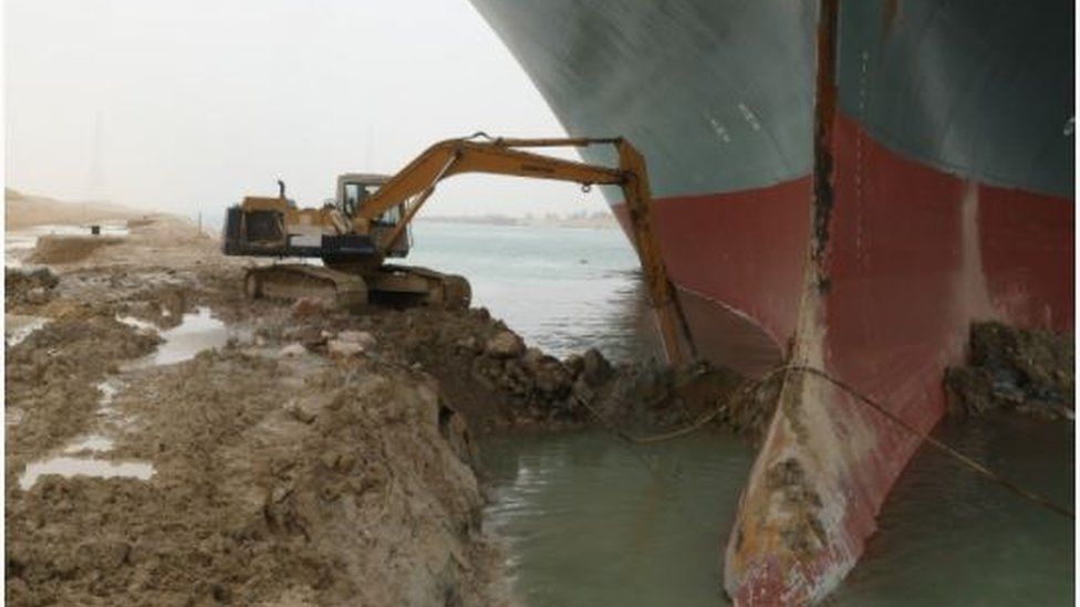 Work continues on freeing the Ever Given mega-container ship.