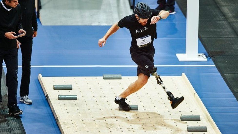 Billy Costello of Iceland competes during the leg prosthesis race at the Cybathlon