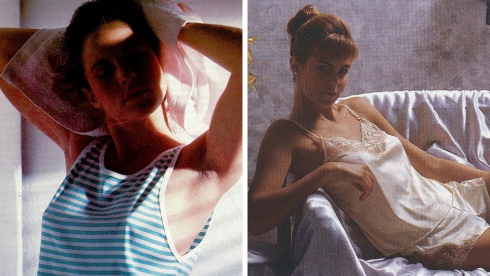 Two women in the 1980s modelling bras
