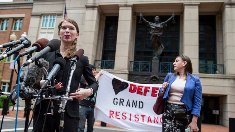 Former military intelligence analyst Chelsea Manning speaks to the press ahead of a Grand Jury appearance about WikiLeaks, in Alexandria, Virginia, on 16 May 2019.