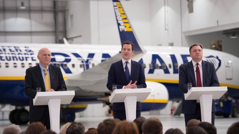 Remain campaigners Vince Cable, George Osborne and Ed Balls making speeches in front of Ryanair plane carrying a pro-EU slogan