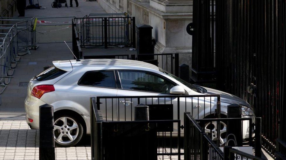 A car crashed into the gates of Downing Street