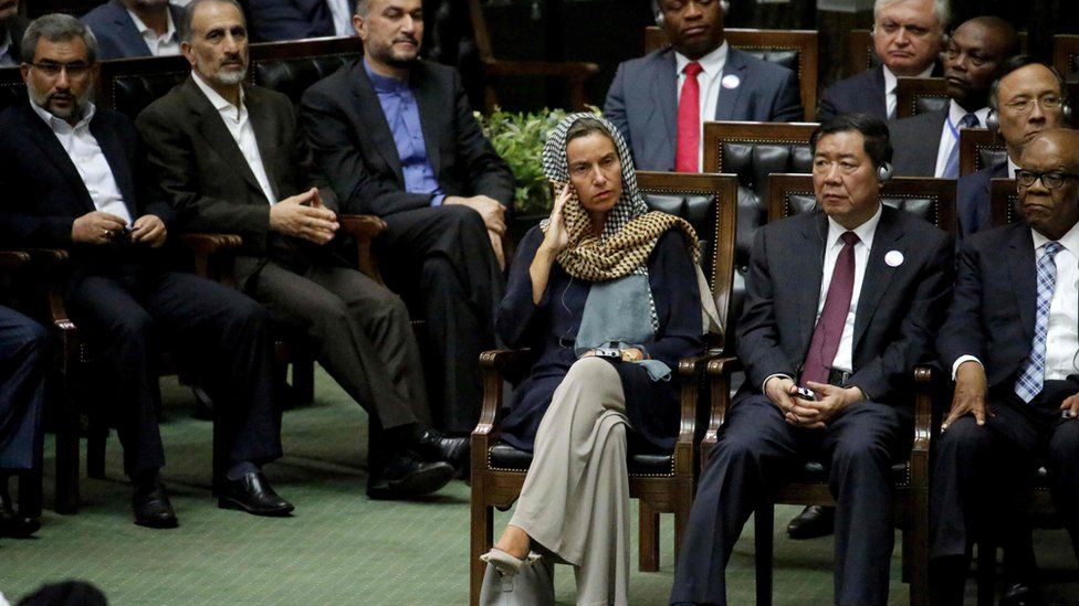 EU foreign policy chief Federica Mogherini (C) was among guests at the inauguration