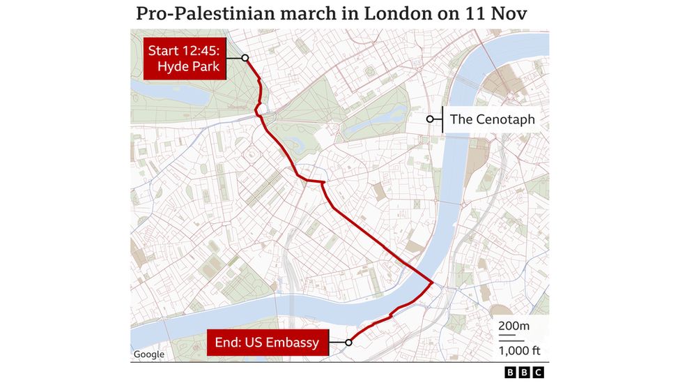 A map of the planned route of the pro-Palestinian protest on Armistice Day