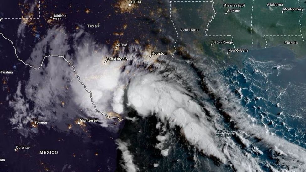 A satellite image of Storm Harold over Texas