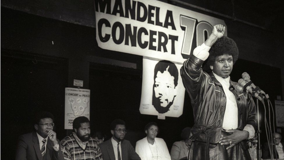 Winnie Mandela in black and white photograh