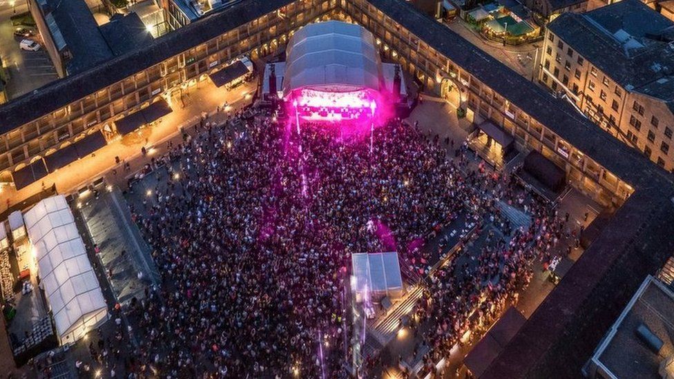 Drone footage of the Piece Hall during a live show