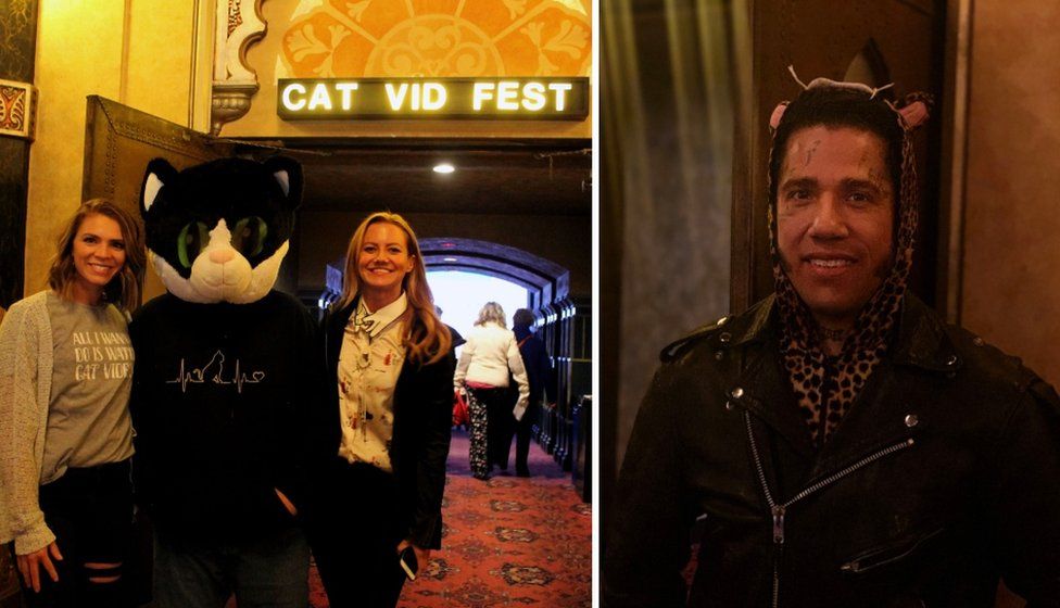 Collage of two women attending the screening, posting with a cat and Richard