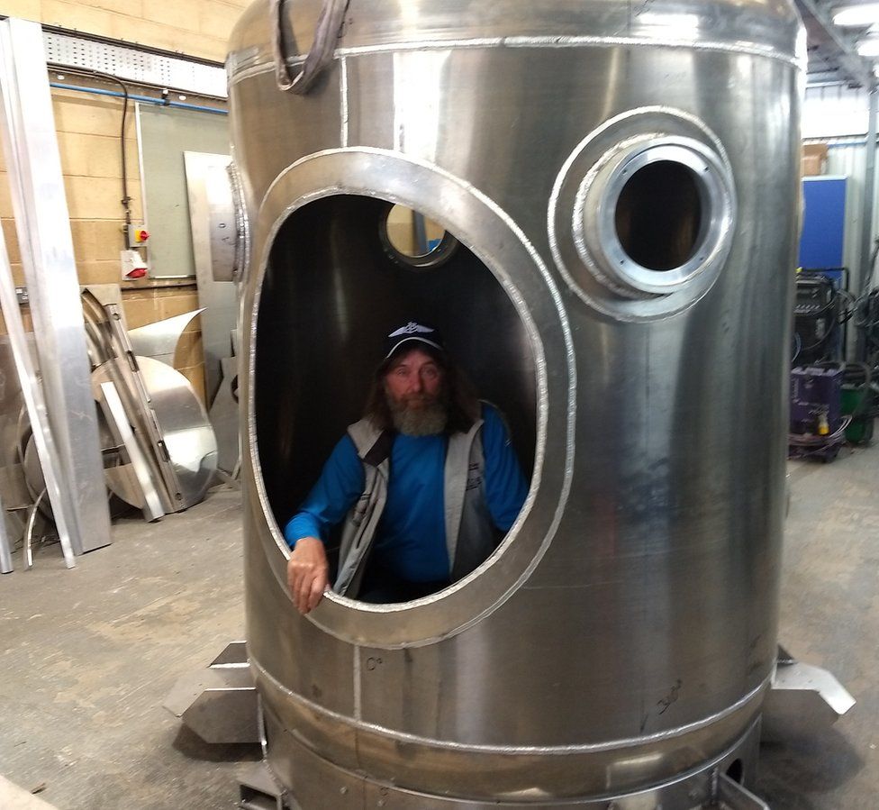 Fedor Konyukhov in capsule at Cameron Balloons factory in Bristol