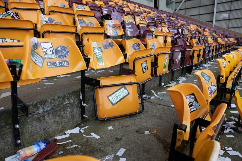 Broken seats in the away end during a cinch Premiership match between Motherwell and Celtic at Fir Park last month