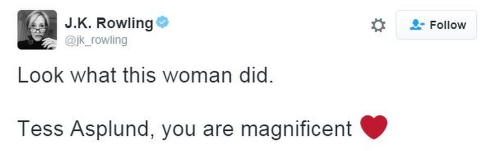 Screengrab from Twitter by author JK Rowling which reads: "Look what this woman did. Tess Asplund, you are magnificent" and a heart emoji