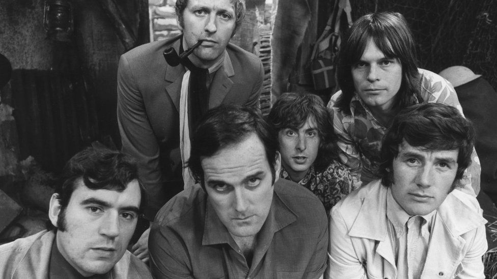 Monty Python team in 1970 (left-right, back row) Graham Chapman, Eric Idle and Terry Gilliam (left to right, front row) Terry Jones, John Cleese and Michael Palin.