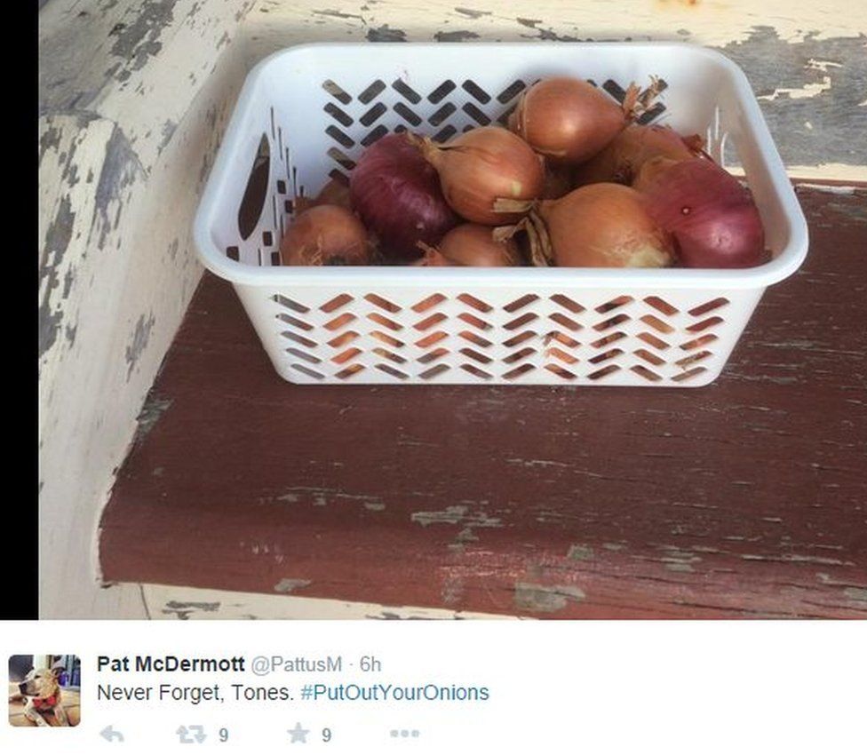 Tweet grab: Never Forget Tones. (with picture of onions)