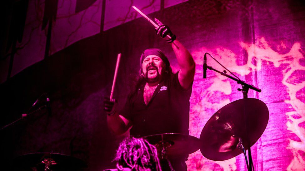 Vinnie Paul (from Pantera) of American heavy metal supergroup Hellyeah opens the concert of American nu metal band Korn on March 12