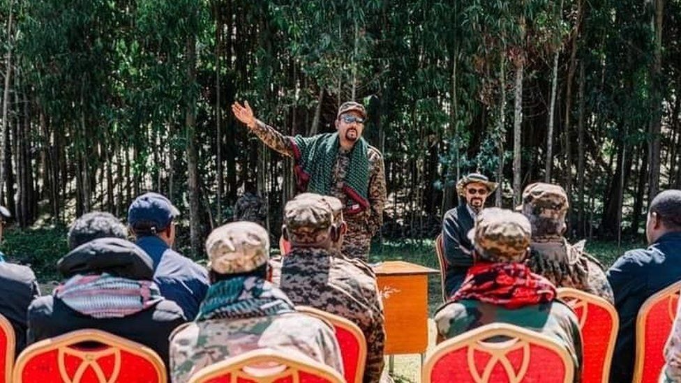 Ethiopia's Prime Minister Abiy Ahmed speaks during a meeting with soldiers as he joins the battlefront against rebel groups for the second time in Ethiopia on November 29, 2021