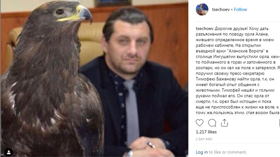 Mayor Beslan Tsechoyev of Magas, with an eagle saved in a city park, Russia.