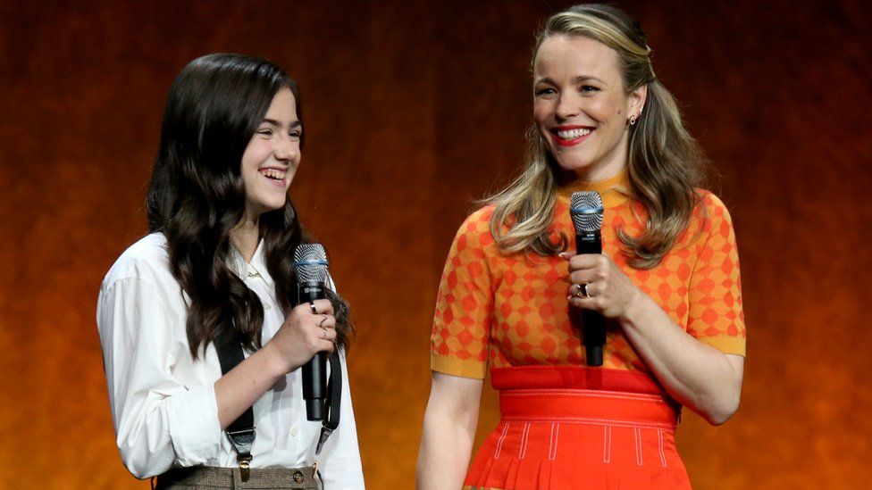 Actresses Abby Ryder Fortson (L) and Rachel McAdams speak about their upcoming movie "Are You There God? It's Me, Margaret." during Lionsgate exclusive presentation at Caesars Palace during CinemaCon 2022, the official convention of the National Association of Theatre Owners, on April 28, 2022 in Las Vegas, Nevada.